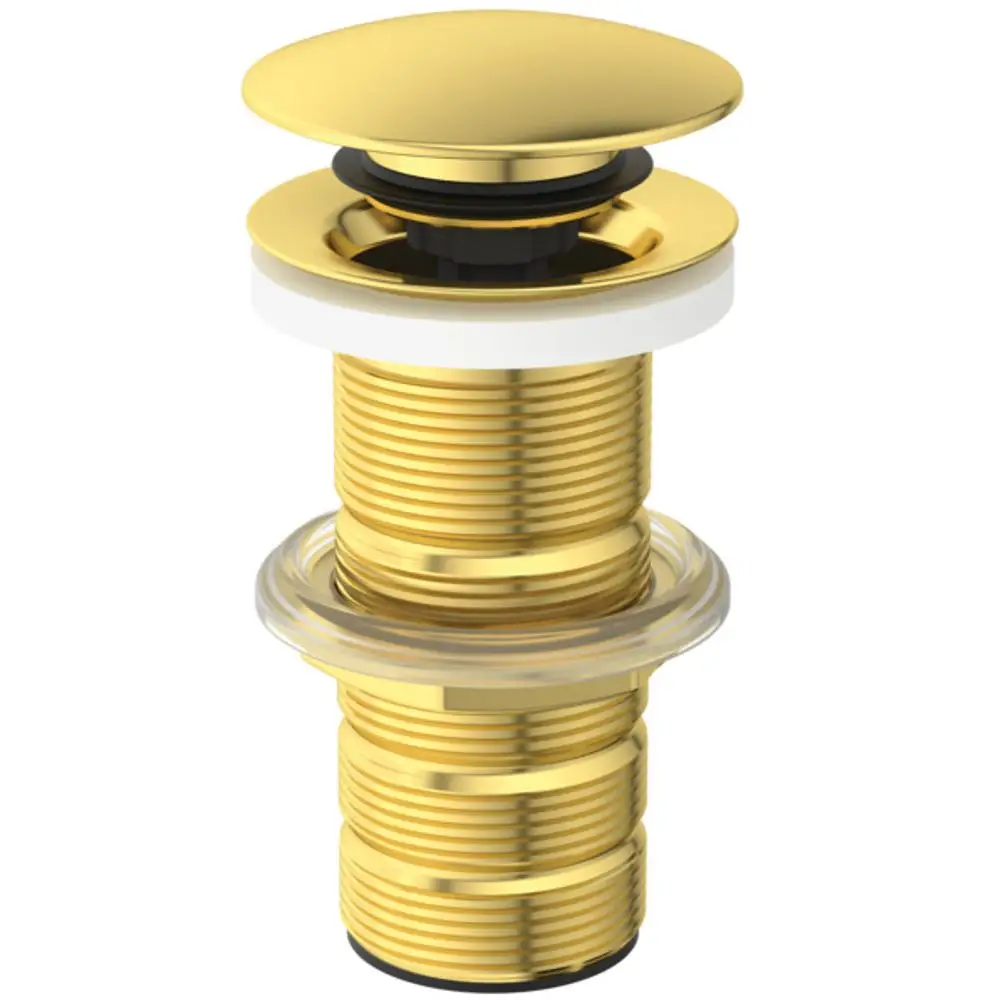 Push-Open-Abfluss für Waschtisch ohne Überlauf in gebürstetem Gold, hergestellt von Ideal Standard. Zeigt eine glänzende Oberfläche und einfachen Mechanismus zur Wasserentleerung.